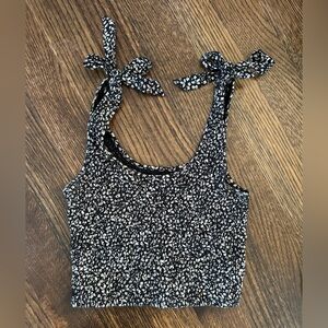 American Eagle Outfitters Black and Off-White Floral Smocked Tie Strap Tank Top